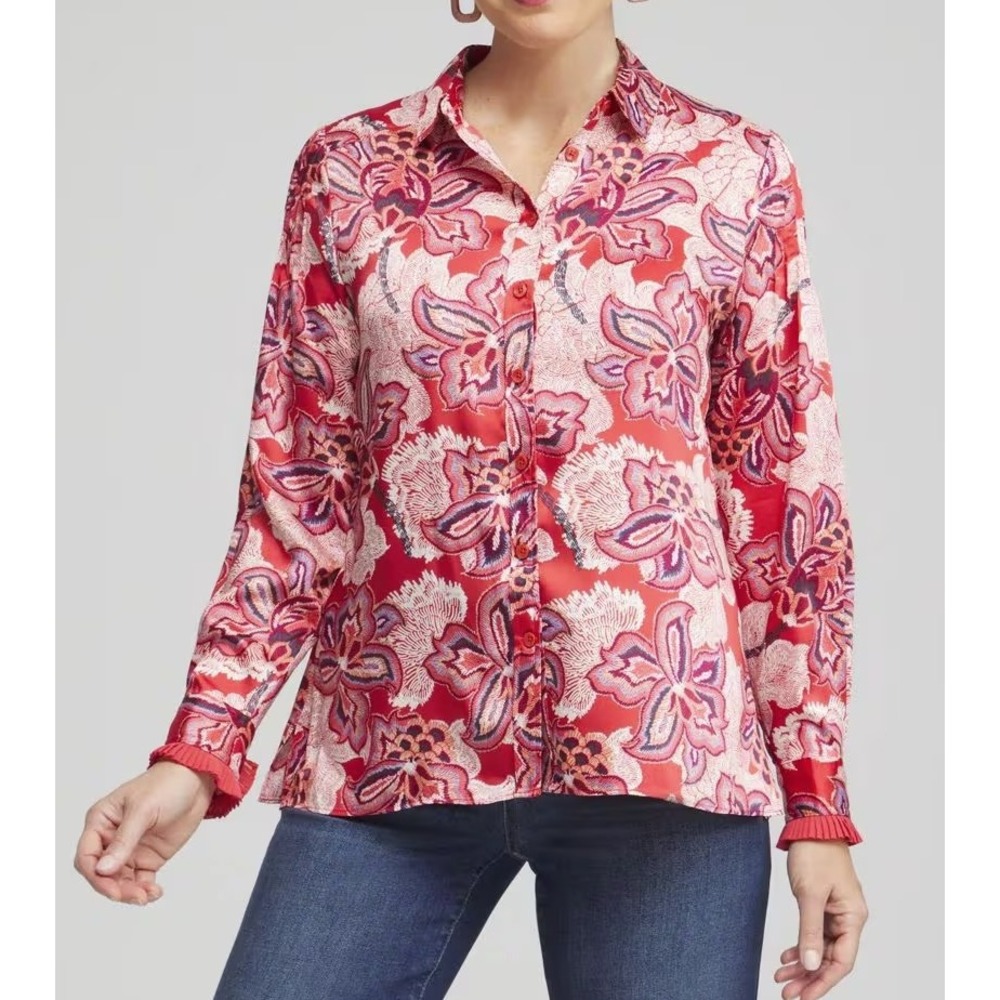 Chico's Button Down Blouse size 18 Red Floral Satin Pleated Cuff Top
